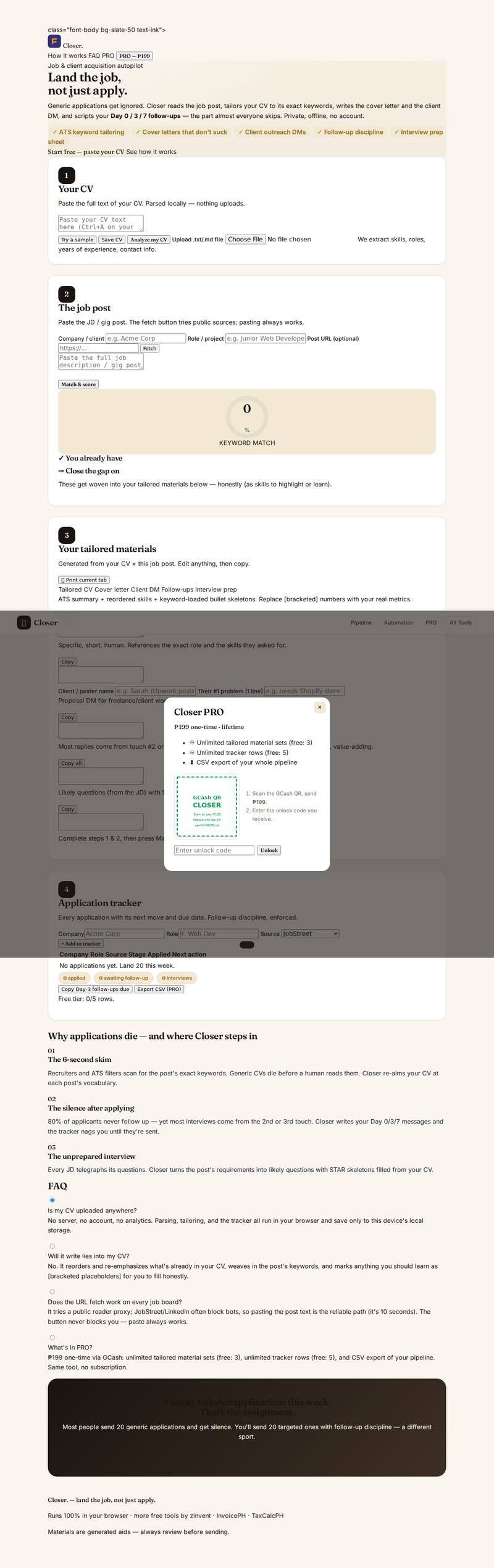 Closer app interface — the real working tool