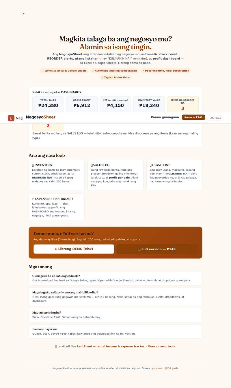 Negosyosheet app interface — the real working tool
