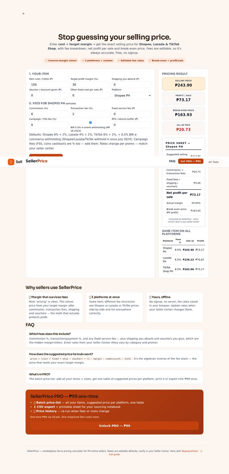 Sellerprice app interface — the real working tool