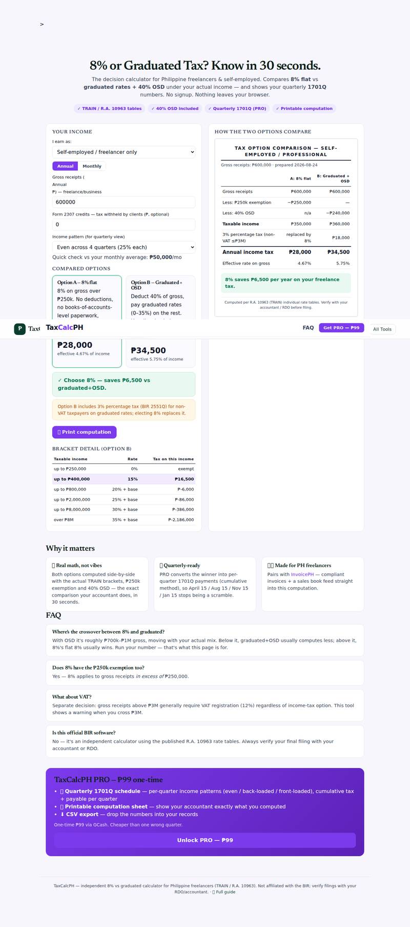 TAXCALCPH app interface — the real working tool