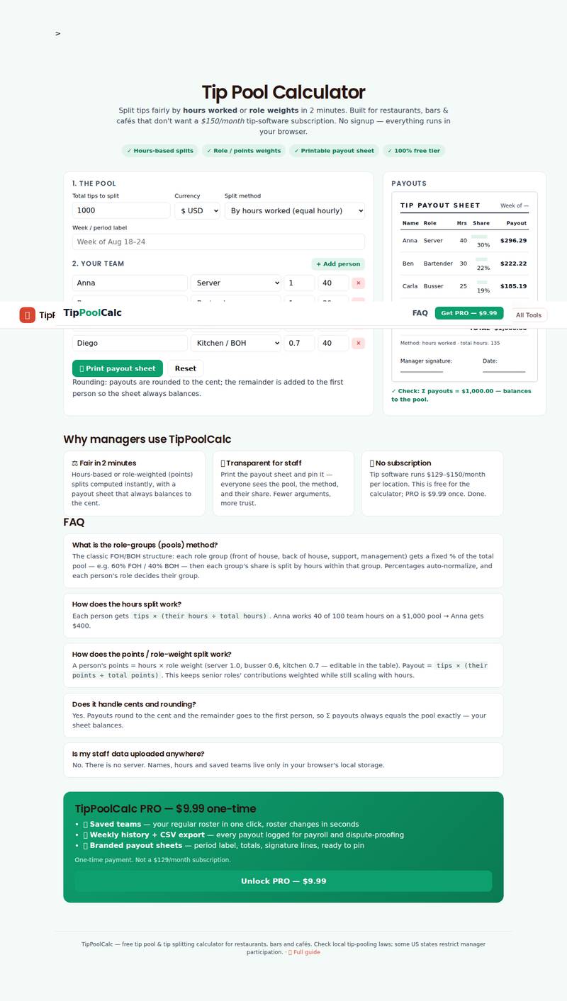 Tippoolcalc app interface — the real working tool